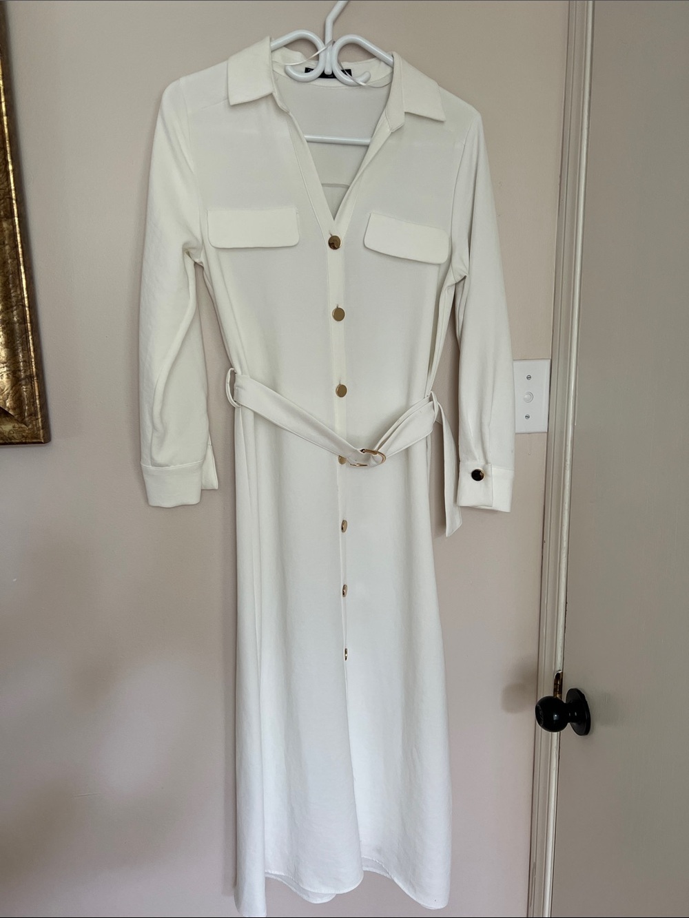 Zara • Women’s XS • Long-Sleeve Maxi Shirt Dress With Belt • White & Gold